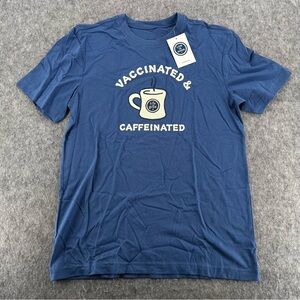 Life Is Good Mens Blue Vaccinated & Caffeinated Graphic T Shirt Size S NEW